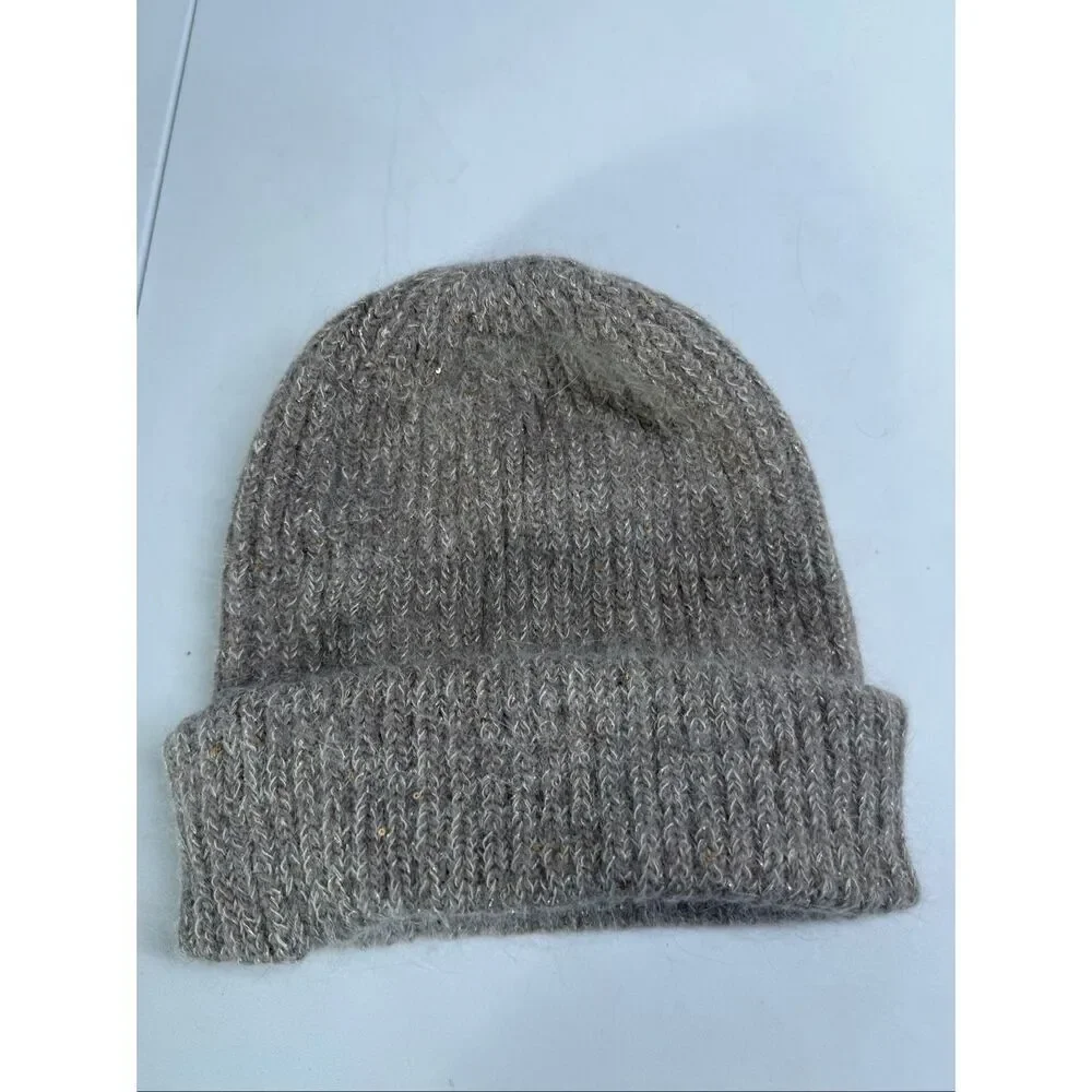 Women’s Tan Lurex Trim Beanie Hat Knit One Size Adult